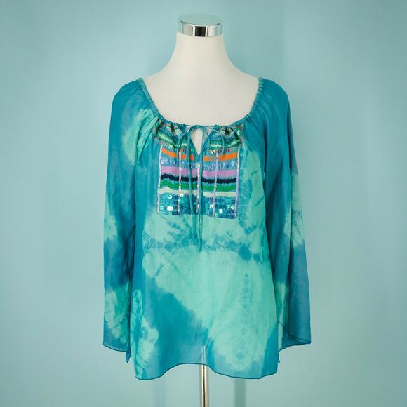 Hale Bob Cabana Size Extra Small XS Silk Tassel Sequins Tie Dye Long Sleeve Top - Picture 1 of 5